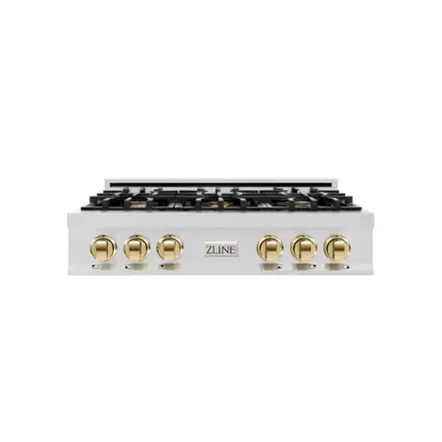 Front. ZLINE - ZLINE Autograph 36 in. Slide-In Classic Rangetop w/ 6 Burners in Stainless Steel & Polished Gold Accents - Stainless Steel.