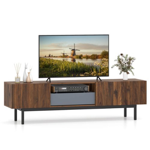 Costway - TV Stand for TVs up to 80" with Drawer Cable Hole Metal Legs Entertainment Center - Walnut,Gray-Front_Standard 