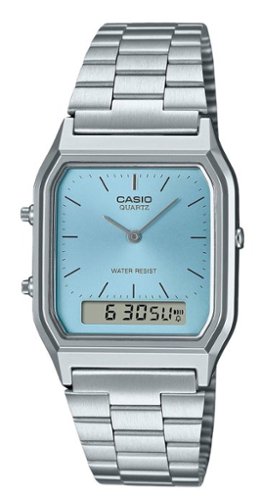 Casio - Vintage Analog Digital Quartz AQ-230A-2A1 Unisex Watch Turquoise Blue Dial World Time Dual Time - Silver, Blue-Front_Standard 