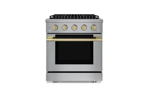 Front. Hauslane - HausPro 30 in. 4 Burners (20,000 BTU) Freestanding Dual Fuel Range - Satin Brass.