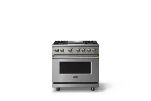 Front. Viking - 36"W. Pro5S 5.6 Cu. Ft. Freestanding Self-Clean Sealed 4B Dual Fuel Convection Range/Grdl-Stainless Steel/Brushed Brass - Stainless Steel.