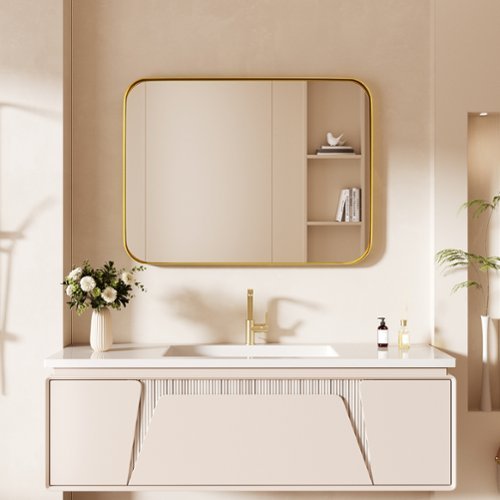 LOVMOR Tempered Glass Rounded Rectangle Framed Wall-Mounted Bathroom Vanity Mirror - 24 x 32 - Gold GLOBAL SHIPPING