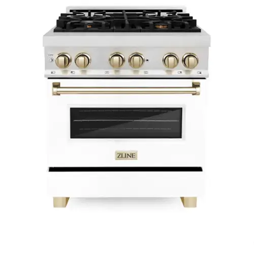 Front. ZLINE - ZLINE Autograph 30 in. Legacy Dual Fuel Range in Satin Steel w/ White & Gold Accents (RASZ-WM-30-G) - Stainless steel.
