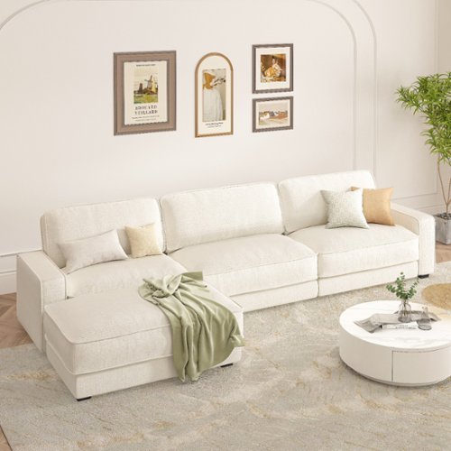 Dyonery - 119" L Shaped Couch Modular Sectional Sleeper Sofa, CHENILLE Fabric, , Tool-Free Assembly,Beige - Beige-Front_Standard 