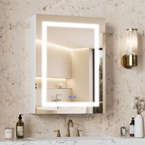 FUFU & GAGA - Smart LED Bathroom Mirror Cabinet – Anti-Fog, Dimmable 3-Color Light, Adjustable Shelves - White-Front_Standard 
