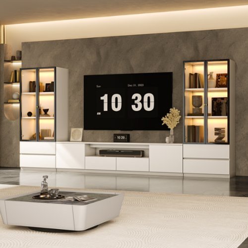 MSOOB - 126" Entertainment Center for TV Up To 85'', Living Room Cabinet Set Includes TV Stand and Two Glass Display Cabinet - White-Front_Standard 