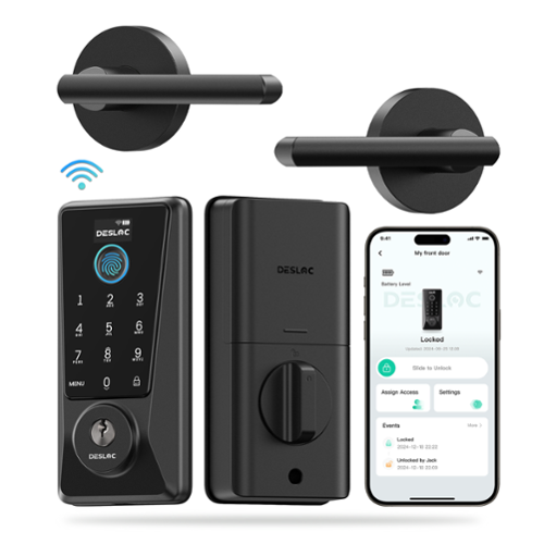 DESLOC - D110 Plus WiFi Smart Door Lock with Lever, Smart Keypad Deadbolt with APP Control and Fingerprint for Front Door - Black-Front_Standard 