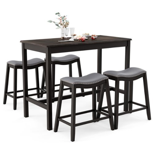Costway 5PCS Bar Table Set Counter Height Table & Upholstered Saddle Stools Set for 4 - Black/Gray