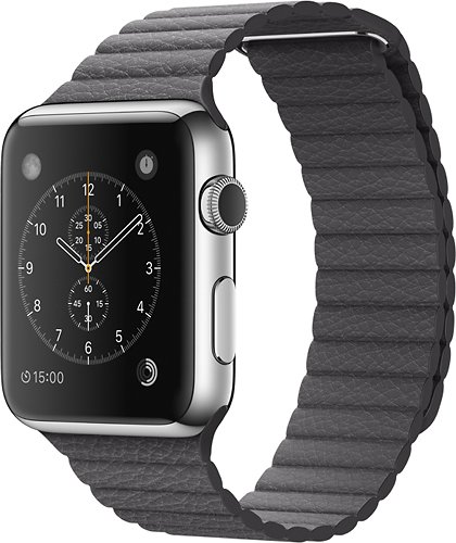 Apple Watch (first-generation) 42mm Stainless Steel case - Medium Storm Gray Leather Loop Band - Medium Storm Gray Leather Loop Band - (2015)-Angle_Standard 