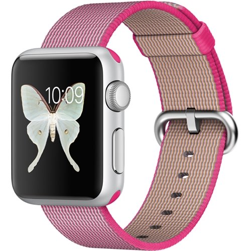  Apple - Apple Watch Sport (first-generation) 38mm Silver Aluminum Case - Pink Woven Nylon Band - Pink Woven Nylon Band