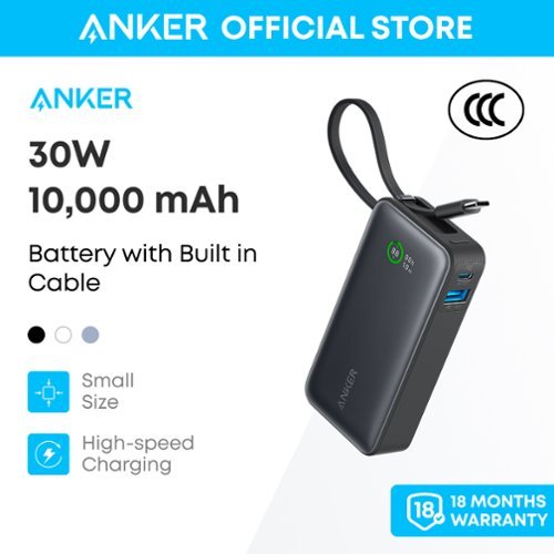 Anker - Nano 10,000mAh Portable Power Bank, Charger with Built-in USB-C Cable, 30W Recharging, 30W Max Output with USB-C&A-Front_Standard 