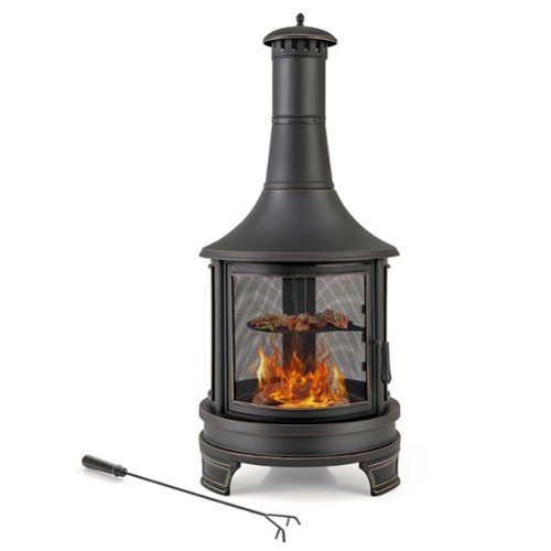 Costway - 30 Inch Outdoor Fire Pit Chiminea 2 in 1 Wood Burning Metal Fireplace  with Grill - Black