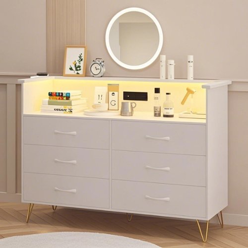 Acekool - Dresser for Bedroom with Charging Station and LED Lights, Storage Organizer with 6 Drawers Wooden - White-Front_Standard 
