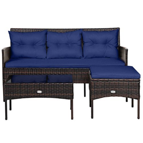 Costway - 3PCS Patio Rattan Furniture Set 3-Seat Sofa Cushioned Table Garden - Mix Brown,Navy-Front_Standard 