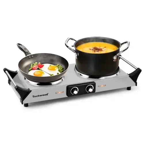 Front. Techwood - 1300w & 500w Double Burner with Stay Cool Handle, Adjustable Temperature Electric Cooktop for RV Home Camp - Silver.