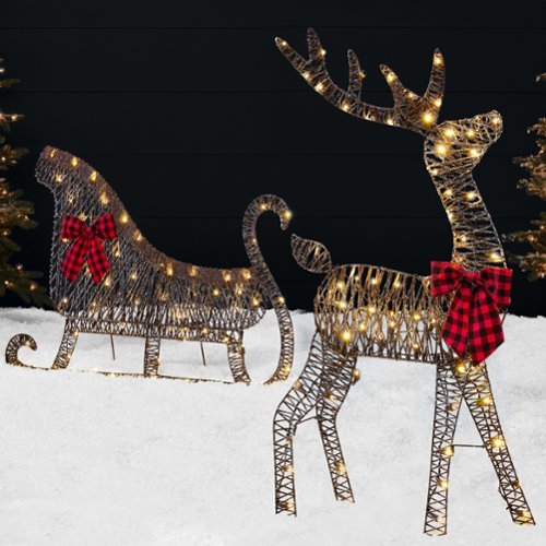 Best Choice Products - 4ft Lighted 2D Christmas Reindeer & Sleigh Set Outdoor Decor w/ 140 Warm White LED Lights - Rattan-Front_Standard 