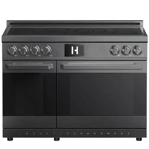Front. Induction Hardware - Professional 48 Inch Induction Range with Double Convection Ovens & Air Fry, 7 Burner Electric Stove, Pizza Stone - Black.