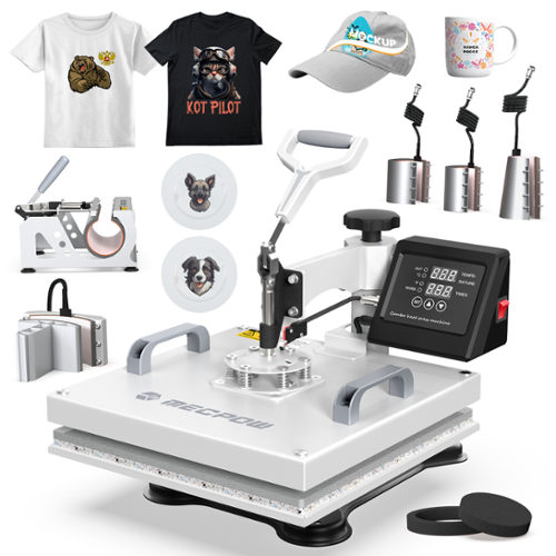 Mecpow - 8 in 1 Heat Press Machine, 15x15 inch 360-Degree Swing Away Heat Transfer Multifunction Combo for T-Shirt Mug Hat Plate - Grayish White