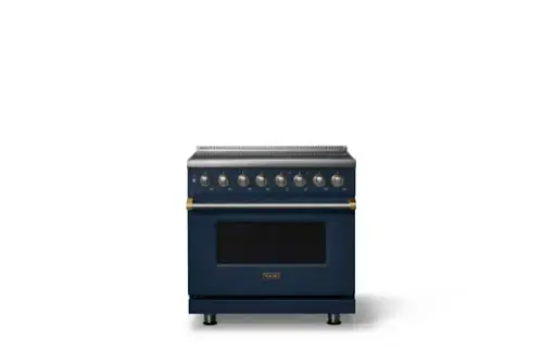 Front. Viking - 36 in. Wide 6 Elements Pro 5 Series 5.6 Cu.Ft. Freestanding Induction Convection Range  with Brushed Brass Trim - Slate Blue.