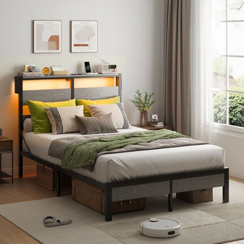 Bestier - Full-Size Platform Bed Frame with Storage Headboard, LED Lights, USB Charging Station - Gray
