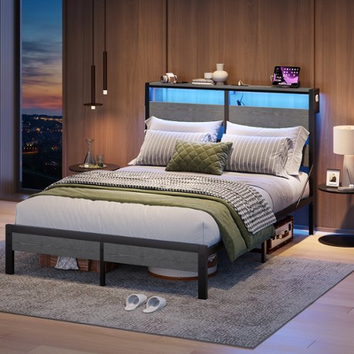 Bestier Queen Platform Bed Frame with Storage Headboard, LED Lighting, and USB Charging Station. - Gray