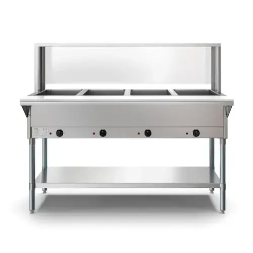 Front. Koolmore - Four Pan Open Well Electric Steam Table with Undershelf and Sneeze-Guard, KM-OWS-4SG. - Silver.