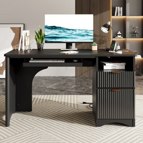 Bestier - 55-inch Double Drawer Desk with USB Charging Ports & Keyboard Tray - Black-Front_Standard 