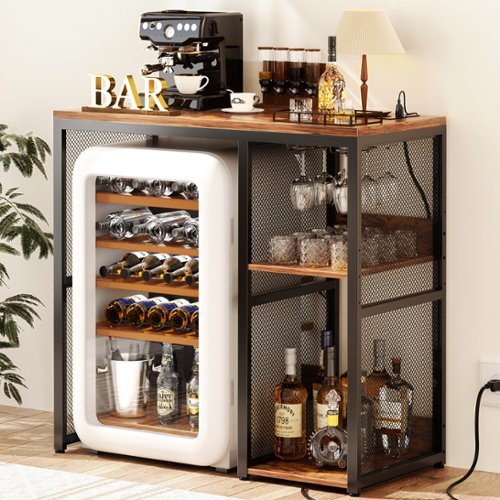 Aheaplus - Small Bar Cabinet with Mini Fridge Space, Coffee Bar Microwave Stand with Power Outlet & Glass Holder for Kitchen - Brown-Front_Standard 