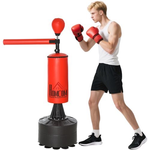 Soozier - Boxing Bag, Freestanding Punching Bag with Speed Ball, Rotating Boxing Bar and Gloves, Weighted Base - Black, Red-Front_Standard 