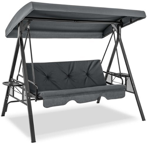 Costway 3-Seat Patio Porch Swing with Adjustable Canopy Soft Seat Back Cushions Side Tables - Grey