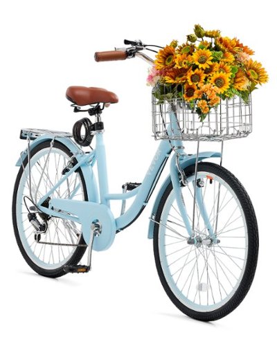 VEVOR - Cruiser Bike, 7-Speed, 24-Inch Light Beach Cruiser Bike with Large Capacity Basket and Rear Rack - Blue-Front_Standard 