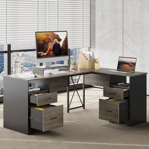 Bestier - 63inch L-Shaped Gomputer Desk with Two File and Storage Drawers Corner Executive Desk for Home Office - Gray-Front_Standard