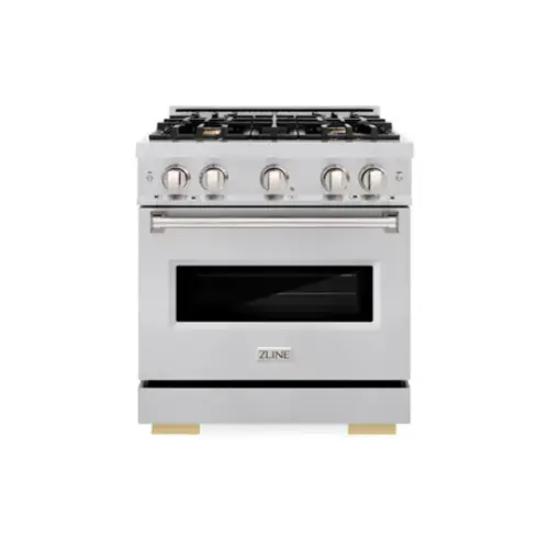 Front. ZLINE - ZLINE 30 in. Classic Dual Fuel Satin Steel Range w/ 4 Brass Burners & Convection Oven (CDRS-BR-30) - Stainless Steel.