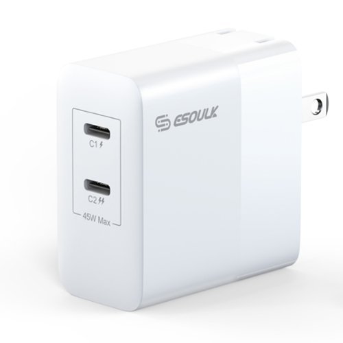 Esoulk - Premium 45W Dual PD USB-C Fast Charging Wall Adapter Charger for iPhone 17 Pro Max, Macbook Laptops - White-Front_Standard 