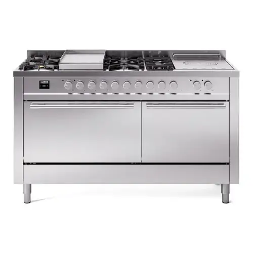 Front. ILVE - ILVE Professional Plus II Series 60 in. Dual Fuel Range with 7 Sealed Burners + Griddle (Liquid Propane, Satin Trim) - Stainless Steel.