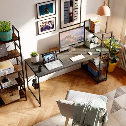 Bestier - Computer Desk with Adjustable Shelves and Reversible Bookshelf - 63" wide - Wash Gray-Front_Standard 
