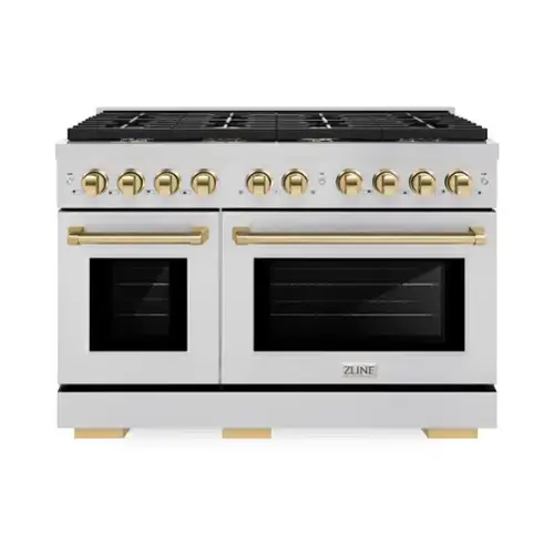Front. ZLINE - ZLINE Autograph 48" Paramount Double Oven Dual Fuel Range w/ Polished Gold Accents (SDRZ-48-G) - Stainless Steel.