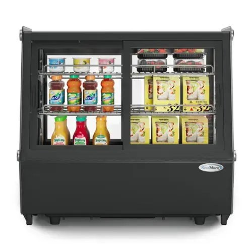 The image shows a refrigerator with a variety of drinks and food items inside. The drinks include juices, such as Tropicana, and other beverages like Kool-Aid. The food items consist of yogurt and fruit, including strawberries. The refrigerator is stocked with a total of 18 items, offering a diverse selection for customers to choose from.