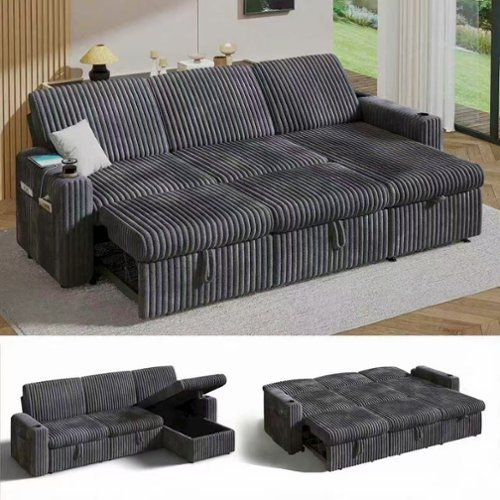 Dyonery - 101-in  Sectional Sofa Bed with Reclining Backrest/USB Ports/Cup Holders, Tool Free Assembly, Plush Corduroy - Gray-Front_Standard 