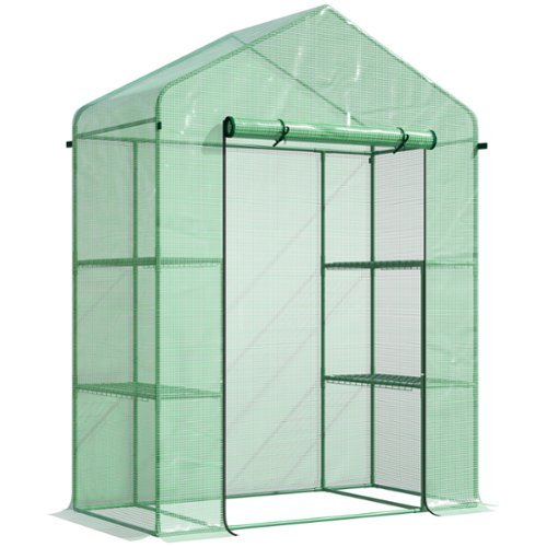 Outsunny - 5' x 2.5' x 6.5' Mini Walk-in Greenhouse Kit, Portable Green House with 3 Tier Shelves, Roll-Up Door-Front_Standard 