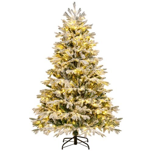 Costway - 6 FT Pre-Lit Christmas Tree Snow Flocked Hinged Xmas Decoration with 350 Lights - Green/White