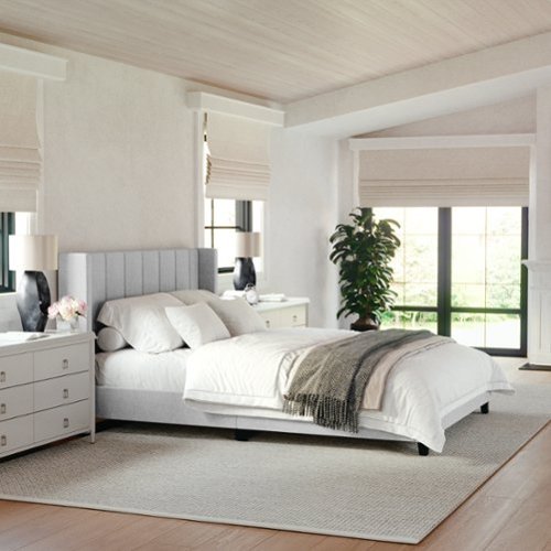 Martha Stewart - Kay Faux Linen Queen Size Platform Bed with Channel Stitched Headboard in Gray - Gray Fabric/Black Legs