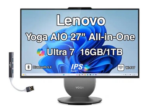  Lenovo - Upgraded - Yoga All-in-One 27 QHD Display (Ultra 7-255H, 16GB, 1TB SSD, Intel Arc 140T, WiFi 7, Webcam, Win 11 Pro) w/USB Hub - Luna Grey