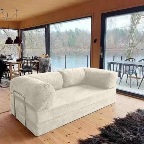 KERDOM - 62'' Wide Corduroy Sleeper Sofa Bed, Convertible Loveseat Sofa With Pull-out Bed, Foldable Spliced Block Lounge Couch - Pearl White-Front_Standard 