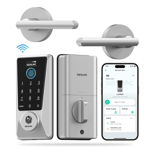 DESLOC - D110 Plus WiFi Smart Door Lock with Lever, Smart Keypad Deadbolt with APP Control and Fingerprint for Front Door - Silver-Front_Standard 