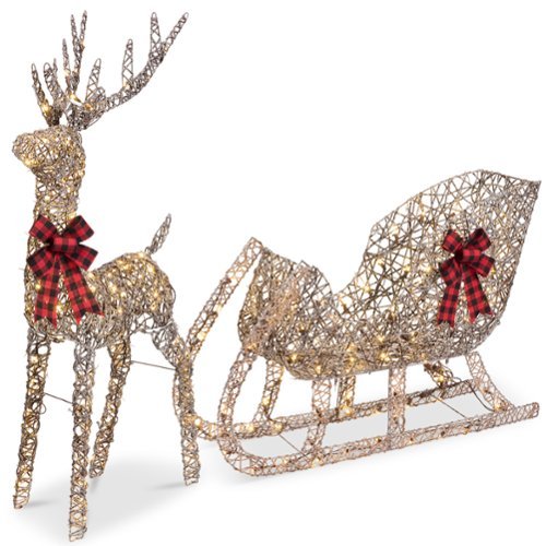Best Choice Products - Lighted Christmas 4ft Reindeer & Sleigh Holiday Outdoor Decor Set w/205 LED Lights, Stakes - Rattan - Rattan - Large-Front_Standard 