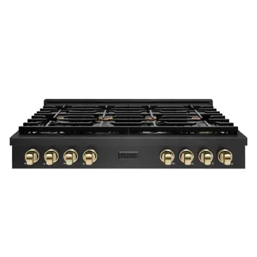 Front. ZLINE - ZLINE Autograph 48 in. 8 Burner Paramount Gas Rangetop in Black Satin Stainless Steel with Gold Accents (SRTBSZ-48-G) - Black Satin Stainless Steel.