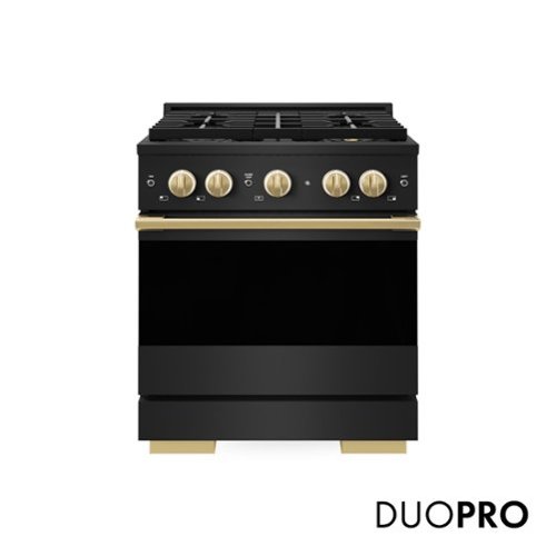 ZLINE - Autograph 30 in. 4.2 cu. ft. Marino Freestanding Manual Clean Gas Range with DuoPro Cooktop with Gold Accents - Black Stainless Steel