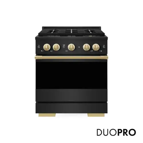 Front. ZLINE - Autograph 30 in. 4.2 cu. ft. Marino Freestanding Manual Clean Gas Range with DuoPro Cooktop with Gold Accents - Black Stainless Steel.