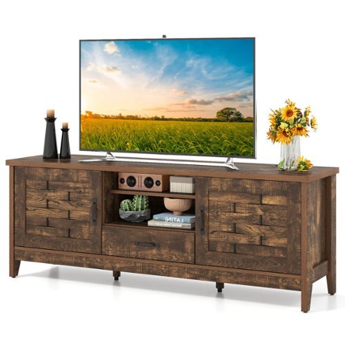 Costway - TV Stand with 2 Woven Accent Doors, Storage Drawer 3 Adjustable Shelves for 65" TVs - Rustic Brown-Front_Standard 